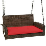 Best Choice Products Woven Wicker Hanging Porch Swing Bench for Patio, Deck w/ Mounting Chains, Seat Cushion - Brown/Red