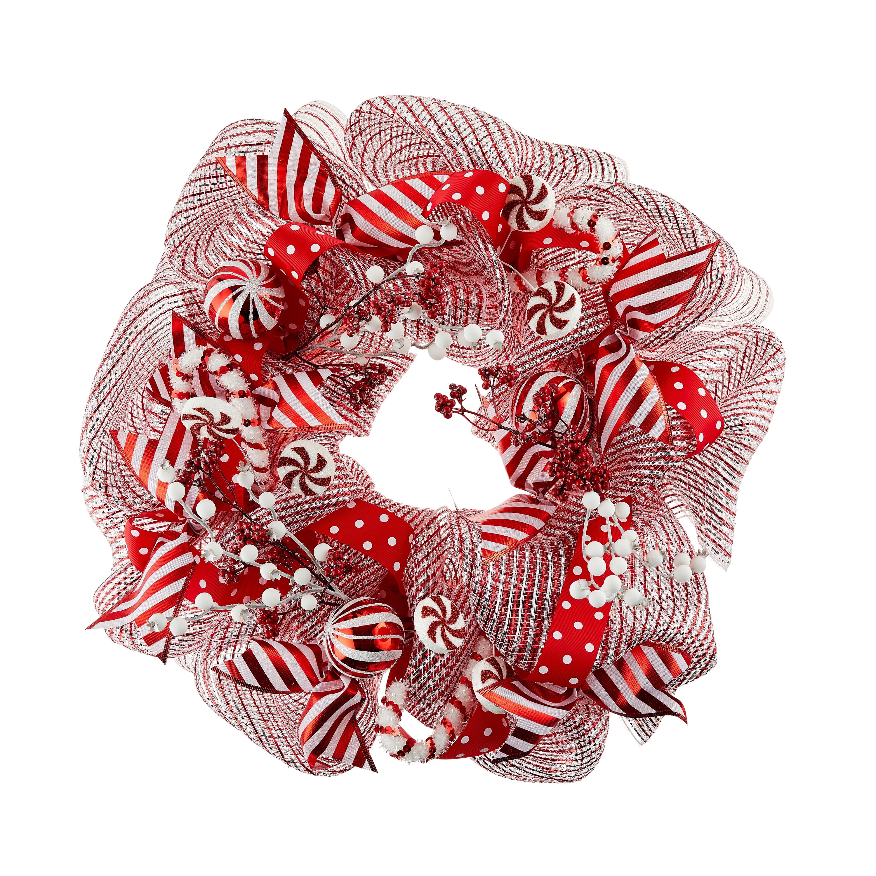 Red and White Stripe Mesh Christmas Wreath, 20 in, by Wivi Home Decor