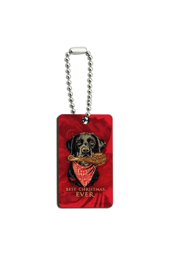 Best Christmas Ever Lab Dog Turkey Leg Wood Wooden Rectangle Keychain Key Ring