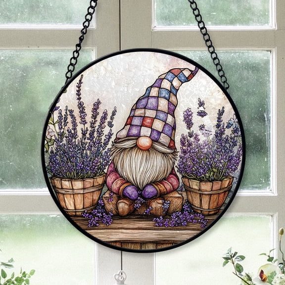 Best Christmas Gifts - Purple Gnome Elf Lavender Painted Flowers All Season Stained Glass Hanging Ornament for Christmas - Sparkling Tree Decoration, Great Holiday Gift for Mom, Dad, Friends, Family