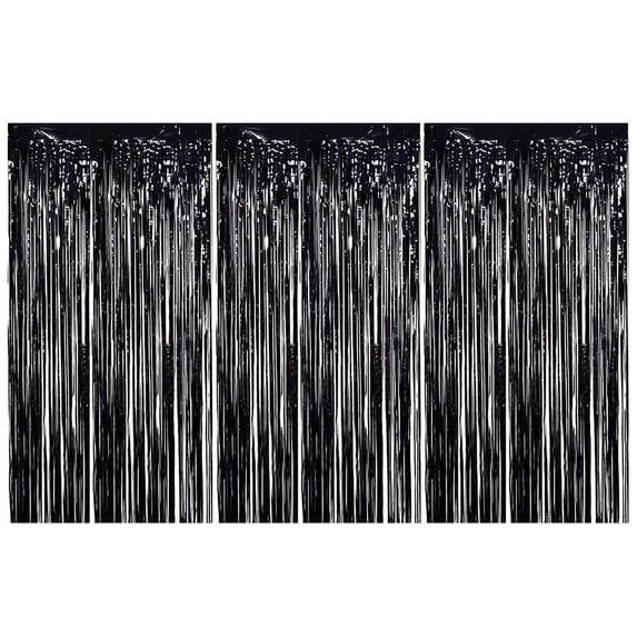 Pedty 3Pcs Black Metallic Foil Fringe Curtains Black Photo Booth Streamer Curtain Photo Booth Props Party Birthday Halloween Christmas New Year Decor, Polyester Curtains, Curtain