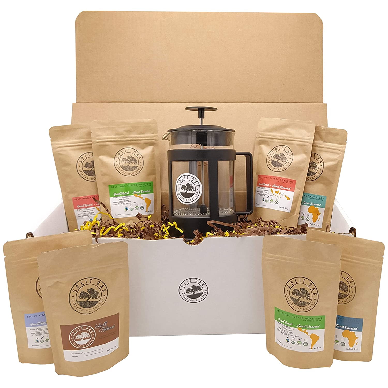 Best Coffee Gift Box Set 8 assorted coffees +1 French Press Glass