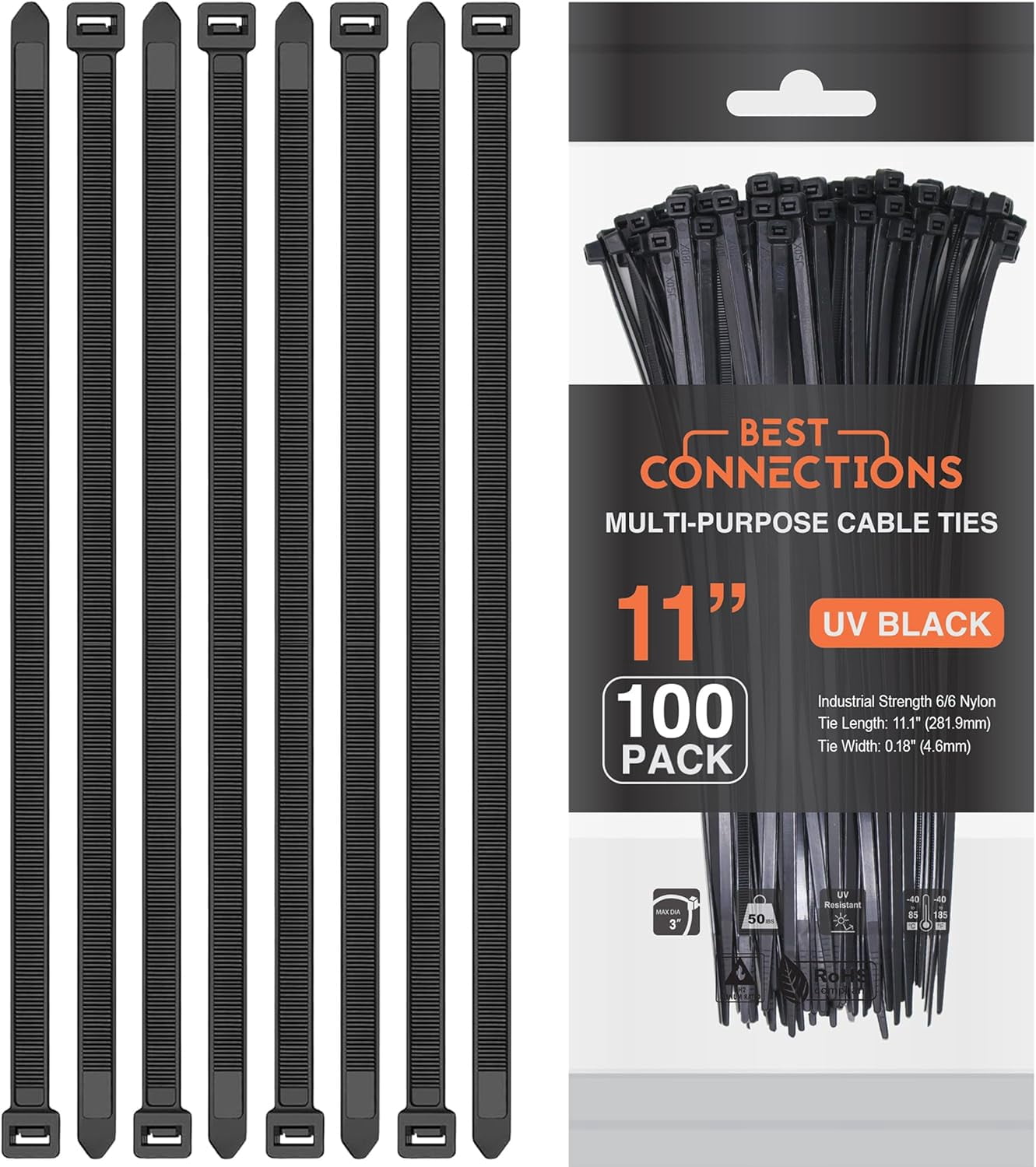 Best Connections 1,000 Pieces 11" UV Black Nylon Cable Straps Zip Ties 50 Lbs Tensile Strength