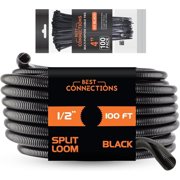BEST CONNECTIONS 100 feet Split Wire Loom Flex-Guard Convoluted Tubing with 100 Nylon Cable Zip Ties Black