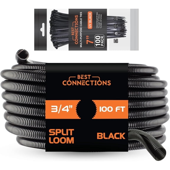 BEST CONNECTIONS 100 feet Split Wire Loom Flex-Guard Convoluted Tubing with 100 Nylon Cable Zip Ties Black