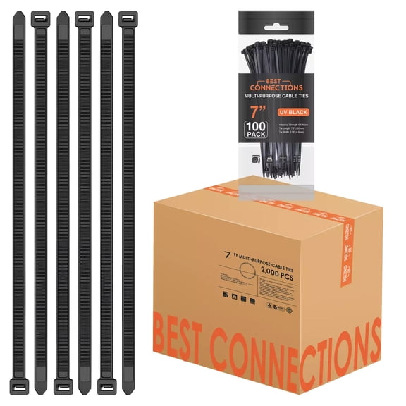 Best Connections 7" Inch Nylon Cable Wire Zip Tie 50 Lbs Tensile Strength (Black, 2,000 Pieces)