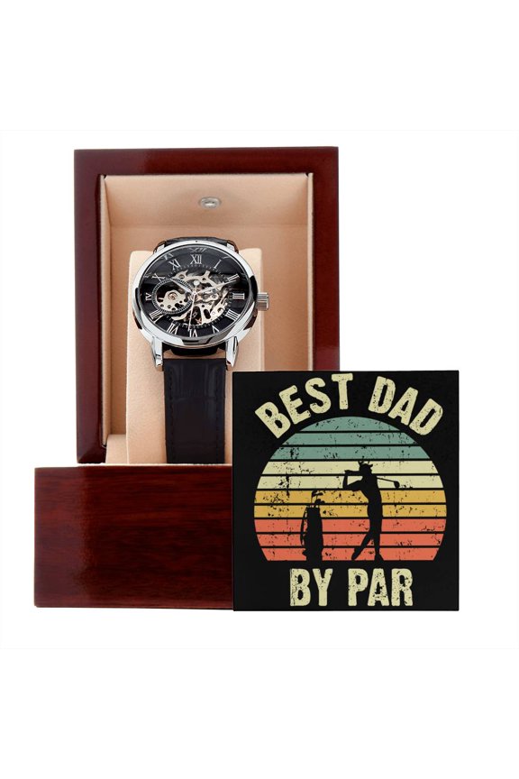 Best Dad By Par - Fathers Day Golf Gifts - Watch Gift For Men - Gift Ideas For Men - Men's Openwork Watch - Mahogany Gift Box
