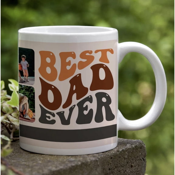 Best Dad Ever Groovy Retro Typography And 4 Photo Giant Coffee Mug, Bekilab, Bekilab Ceramic Coffee Mug, 11oz 15oz Gift