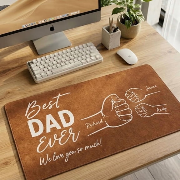 Best Dad Ever Leather Desk Mat, Personalized Photo Sketch Office Mouse Pad