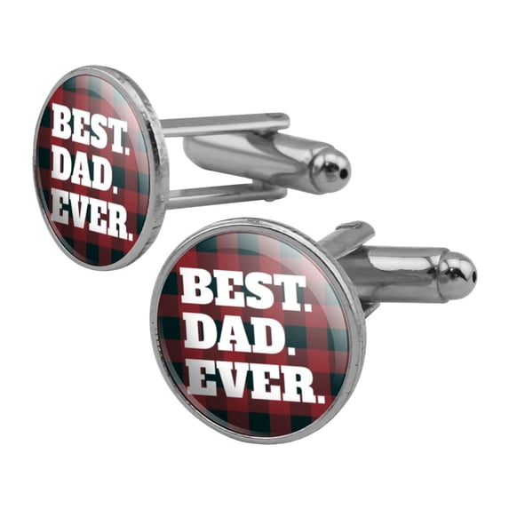Best Dad Ever Red Black Plaid Round Cufflink Set Silver Color