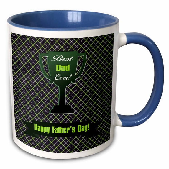 3drose, Best Dad Ever Trophy on Diagonal Crisscross Pattern, Green and Purple, 11oz Two-tone Blue Mug
