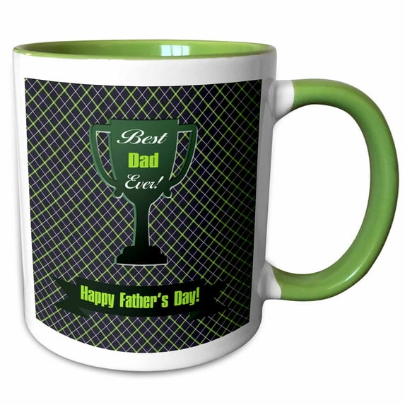 3drose, Best Dad Ever Trophy on Diagonal Crisscross Pattern, Green and Purple, 15oz Two-tone Green Mug