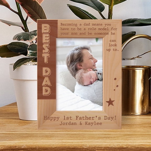 Best Dad Happy 1st Father's Day! Personalized Wooden Frame 4" x 6" Brown (Vertical)
