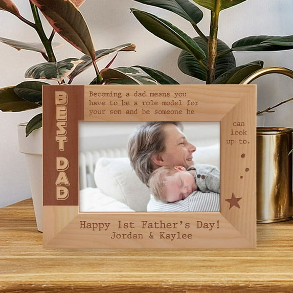 Best Dad Happy 1st Father's Day! Personalized Wooden Frame-6" x 4" Brown Horizontal