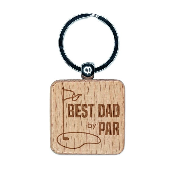 Best Dad by Par Father's Day Golf Course Square Keychain Charm Tag - Engraved Wood