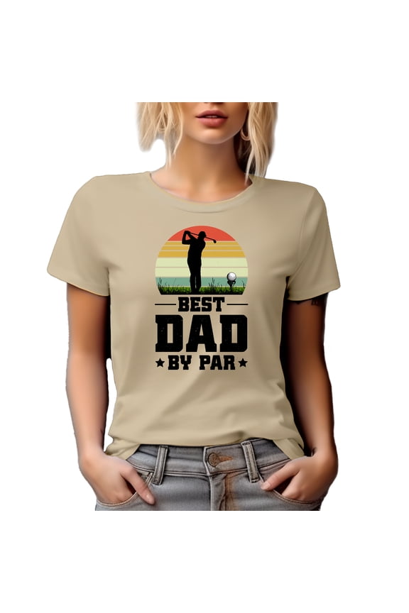 Best Dad by Par, Retro Swinging Golfer, Golfing Father's Day, Tan T-Shirt, Medium