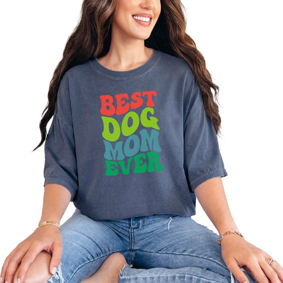 Best Dog Mom Ever, Mothers of Dogs Themed, Groovy Retro Wavy Text, Denim Comfort Colors T-Shirt, 2XL