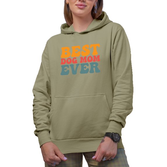 Best Dog Mom Ever, Pet Parent Quote, Groovy Retro Wavy Text Merch Gift, Sand Hooded Sweatshirt or Hoodie, Large