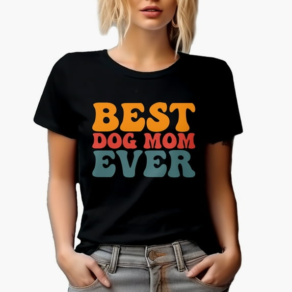 Best Dog Mom Ever, Pet Parent Themed, Groovy Retro Wavy Text Merch Gift, Black T-Shirt, Small