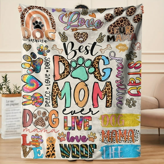 Best Dog Mom Soft Blanket - Colorful Paw Print and Pattern Design, Comfortable Flannel Polyester Fiber, All-Season Gift for Dog Lovers