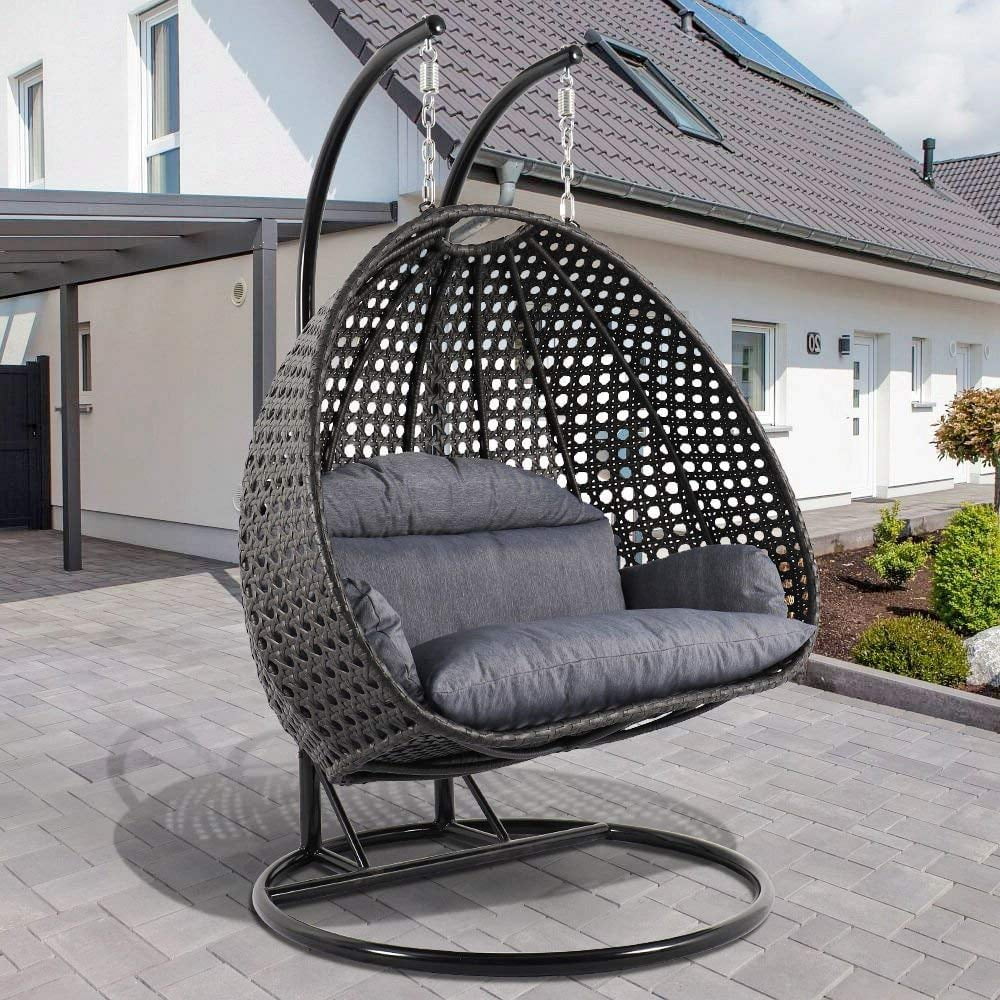 Best Double Seat Wicker Hanging Chair for Adults and Children with 15cm Cushion Perfect for Patio Deck Backyard House Charcoal Color