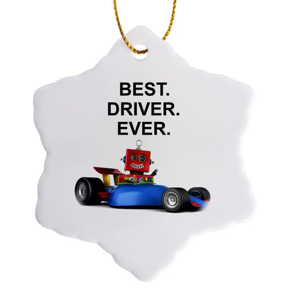 Best Driver Ever Funny Toy Robot In A Race Car, 3 inch Snowflake Porcelain Ornament
