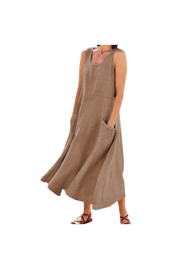 2026 Cotton Linen Sleeveless Plus Size Dresses for Women Tropical Casual Round Neck Sundress with Pockets