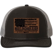 Best Father Ever Hat with American Flag, Custom Leather Patch Cap, Personalized Father Gift, Patriotic Dad Hat, Custom Cap for Him Black Charcoal