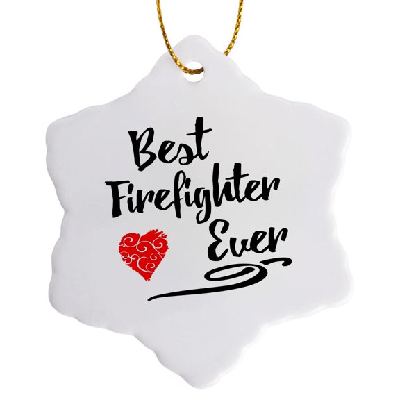 3drose, Best Firefighter Ever Design with Red Scribble Heart, 3 inch Snowflake Porcelain Ornament
