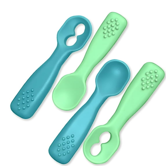 Best First Stage Baby Girls Spoons BPA Free, 4-Pack, Soft Silicone Baby Spoons Training Spoon Gift Set for Infant (Blue)
