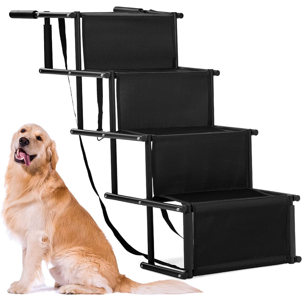 Stabile vierstufige Hundetreppe für große Hunde neben einem großen Hund