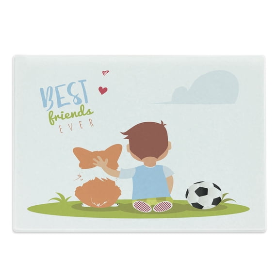 Best Friend Cutting Board, Cartoon Little Boy Hugging His Dog with a Soccer Ball near Him, Decorative Tempered Glass Cutting and Serving Board, in 3 Sizes, by Ambesonne