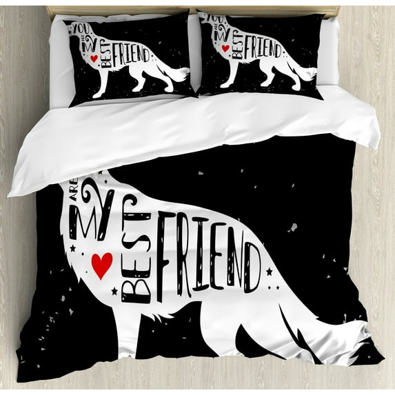 Best Friend Duvet Cover Set, You Are My Best Friend Lettering German Shepherd Print, Decorative 3 Piece Bedding Set with 2 Pillow Shams, King Size, Vermilion White, by Ambesonne