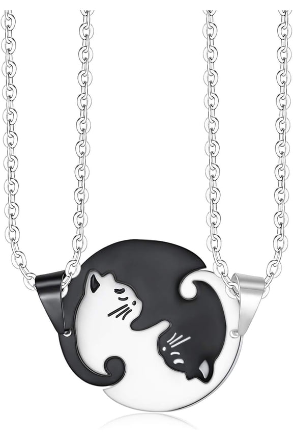 Best Friend Heart Yin Yang Cat Friendship Necklace For Women Men Black & White Matching Puzzle Cat Couples Necklace Relationship Jewelry Gift for Couples Best Friends