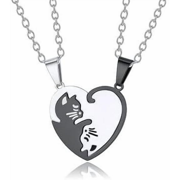 Best Friend Heart Yin Yang Cat Friendship Necklace For Women Men Black & White Matching Puzzle Cat Couples Necklace Relationship Jewelry Gift for Couples Best Friends