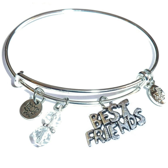 Best Friend Message Charm Expandable Wire Bangle Bracelet, COMES IN A GIFT BOX!
