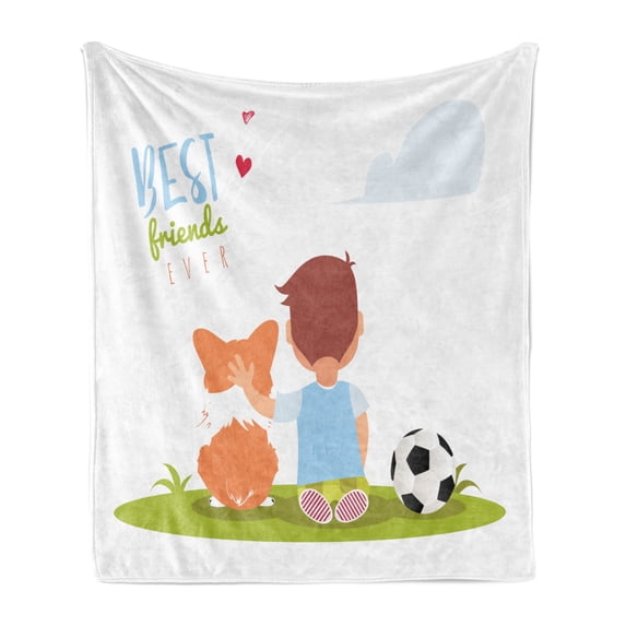 Best Friend Soft Flannel Fleece Blanket, Cartoon Little Boy Hugging His Dog with a Soccer Ball near Him, Cozy Plush for Indoor and Outdoor Use, 50" x 60", Apple Green and Multicolor, by Ambesonne
