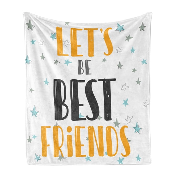 Best Friend Soft Flannel Fleece Blanket, Long Bold Font with Pastel Cold Toned Stars on the Backdrop Let's Be Friends, Cozy Plush for Indoor and Outdoor Use, 50" x 70", White Orange, by Ambesonne