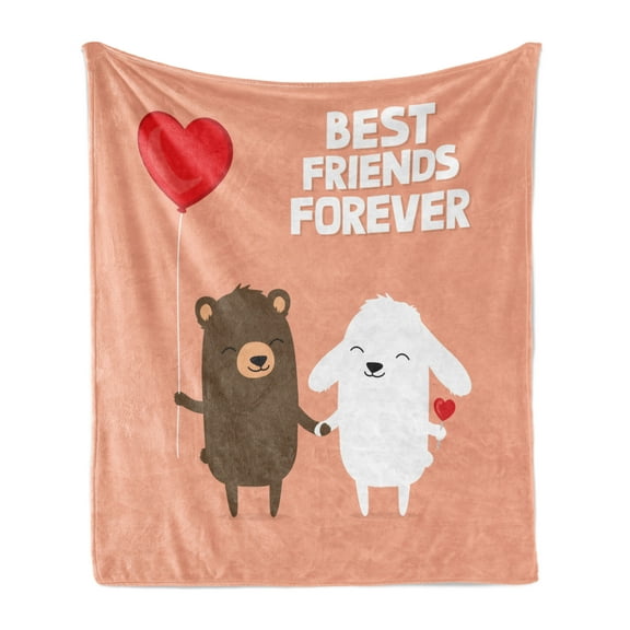 Best Friend Soft Flannel Fleece Throw Blanket, Doodle Style of a Bear and a Bunny Rabbit Holding Hands, Cozy Plush for Indoor and Outdoor Use, 50" x 70", Peach White, by Ambesonne