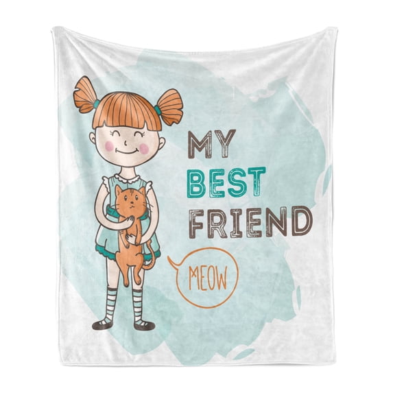 Best Friend Soft Flannel Fleece Throw Blanket, Little Happy Girl Holding a Cat with Typography Meow Animal Love, Cozy Plush for Indoor and Outdoor Use, 50" x 70", Turquoise Multicolor, by Ambesonne
