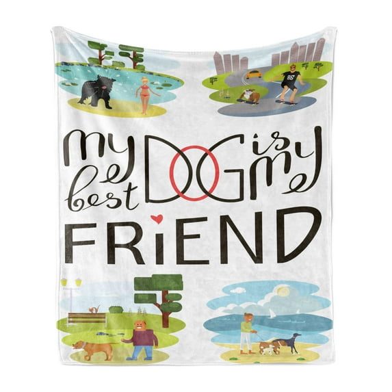 Best Friend Soft Flannel Fleece Throw Blanket, My Dog is My Best Friend Text with 4 Dog Scenes Animal Lovers Theme, Cozy Plush for Indoor and Outdoor Use, 60" x 80", Multicolor, by Ambesonne
