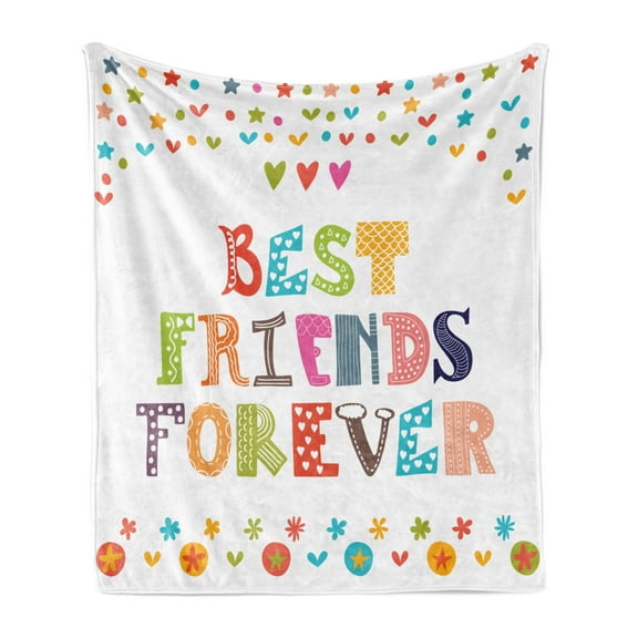 Best Friend Soft Flannel Fleece Throw Blanket, Vibrant Bff Design with Hearts Stars Polka Dots Funky Font Wording, Cozy Plush for Indoor and Outdoor Use, 50" x 70", Multicolor, by Ambesonne