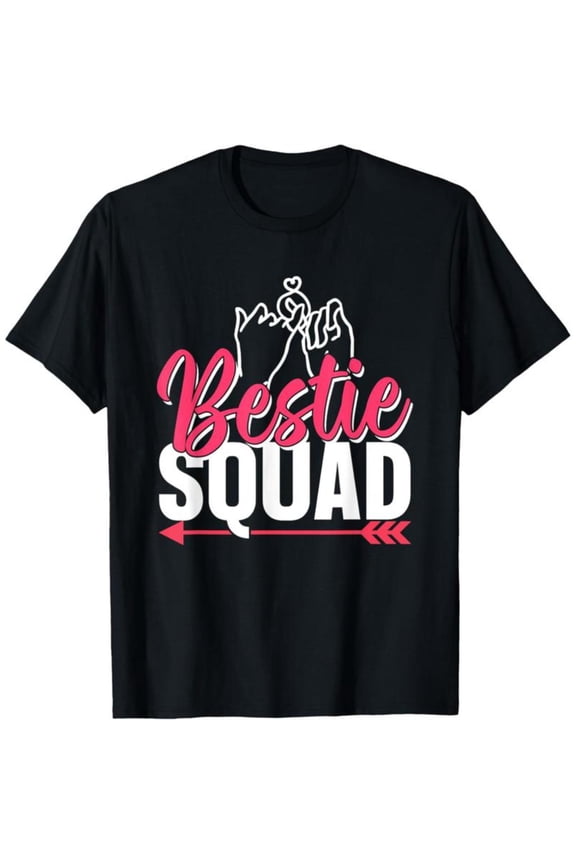 Best Friend Squad - Themed Printed Tee,Tops Features "Bestie SQUAD" Text with Pinky Promise Hands Illustration, Round Neck Regular Fit T - shirts, Size(S - 5XL)