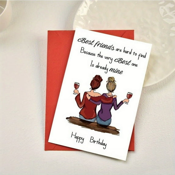 Best Friends Birthday Card – “Best Friends Are Hard to Find” with Two Friends Illustration – Envelope Included – Perfect for Celebrating Friendship on Birthdays