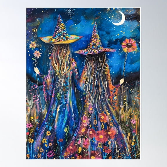 Best Friends Boho Hippy Witches Holding Flowers Witchcraft Floral Painting Poster Wall Art, Modern Wall Decor For Living Room Bedroom, 8x12 UNFRAMED