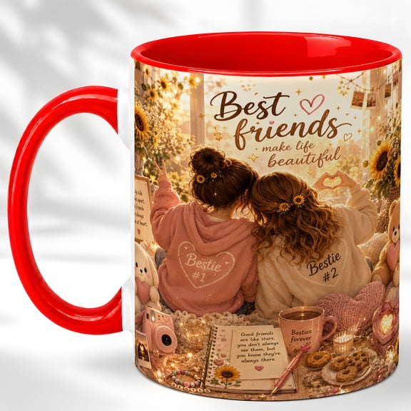 Best Friends Coffee Mug, Bestie Gift for Women, Friendship Quote Cup, Cozy Sunflower Room Design, Birthday Present for Her, Ceramic 11 Oz Mug