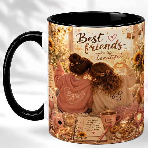 Best Friends Coffee Mug, Bestie Gift for Women, Friendship Quote Cup, Cozy Sunflower Room Design, Birthday Present for Her, Ceramic 11 Oz Mug