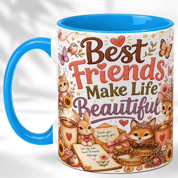 Best Friends Coffee Mug, Friendship Gift Cup, Cute Animal Bestie Design with Hearts Flowers, Birthday Present, Ceramic 11 Oz Mug