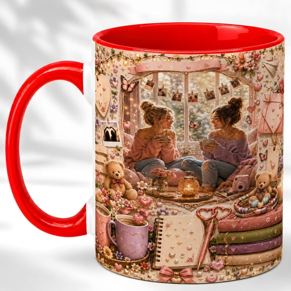 Best Friends Coffee Mug, Friendship Gift Mug for Women, Cozy Room Scene with Hearts Flowers Teddy Bear, Bestie Birthday, Ceramic 11 Oz Cup