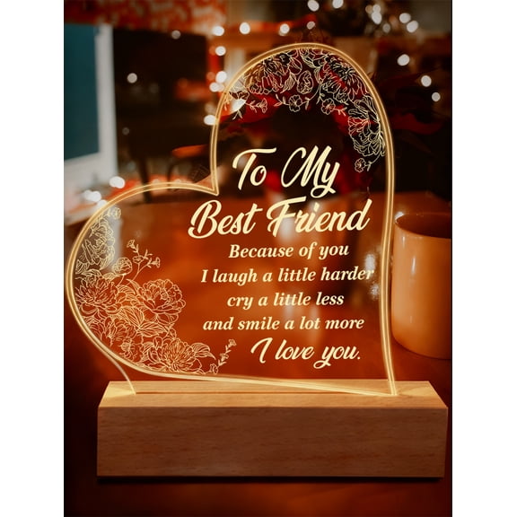 Best Friends Gifts for Women Acrylic Night Light, Heart Friendship Table Decor Keepsake Paperweight, Long Distance Birthday Graduation Gift